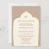 Cream Ivory Gold Punjabi Anand Karaj Sikh Wedding Einladung (Rückseite)