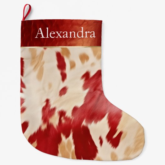 Cream Ivory Red Western Cowhide Weihnachtsname Großer Weihnachtsstrumpf (Vorderseite)