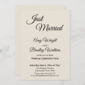 Cream "Just Married" Einfaches, eleganter Empfang Einladung (Vorne/Hinten)
