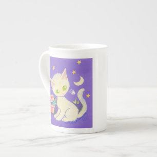 Cream Kitty Katze mit Blumentopf, Mond und Sternen Porzellantasse