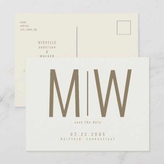 Cream Lg. Monogram Wedding Save the Date Postkarte (Vorne/Hinten)