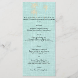 Cream Linen Blue Palm Trees Wedding Menü Menükarte