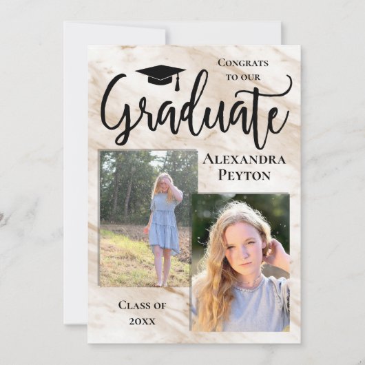 Cream Marble White Script Foto Abschluss Einladung (Vorderseite)