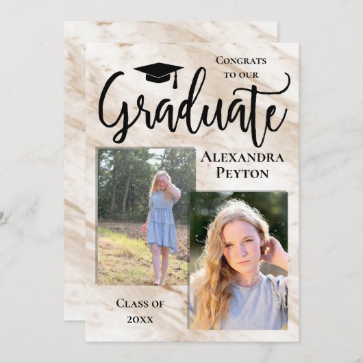 Cream Marble White Script Foto Abschluss Einladung (Vorne/Hinten)