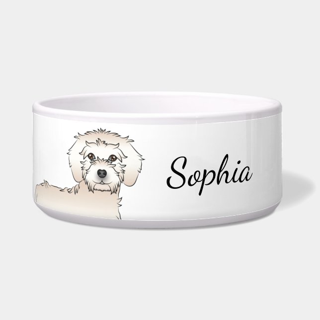 Cream Mini Goldendoodle Cartoon Dog & Name Napf (Vorderseite)