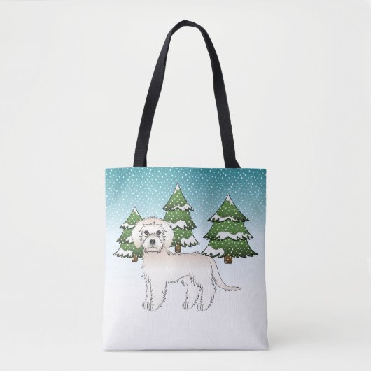 Cream Mini Goldendoodle Hund in einem Winterwald Tasche (Vorderseite)