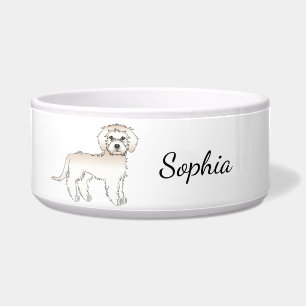 Cream Mini Goldendoodle Hund stehend & Name Napf