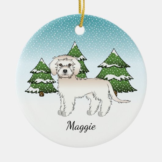 Cream Mini Goldendoodle - Winterwald & Name Keramik Ornament (Vorne)