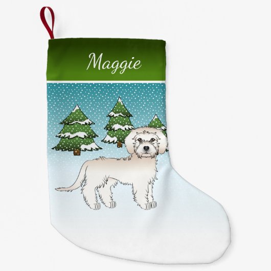 Cream Mini Goldendoodle - Winterwald & Name Kleiner Weihnachtsstrumpf (Vorderseite)