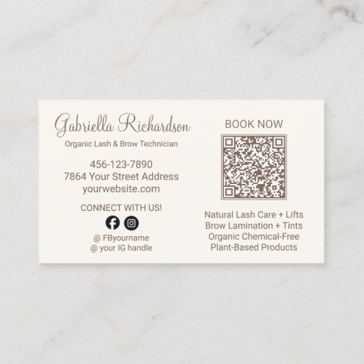 Cream Mocha Schriftfoto QR Code Wimpern und Augenb Visitenkarte (Rückseite)