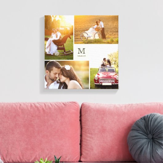 Cream Modern Grid Monogram Wedding 4 Foto Collage Leinwanddruck (Insitu (Wohnzimmer))