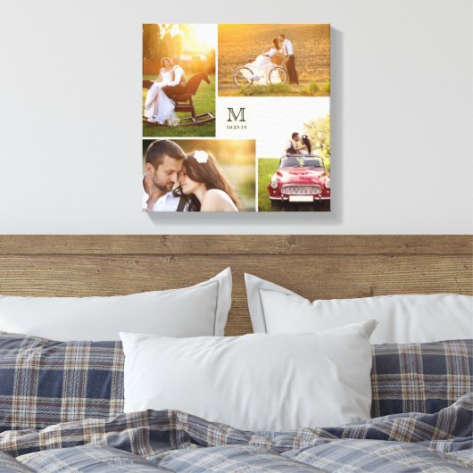 Cream Modern Grid Monogram Wedding 4 Foto Collage Leinwanddruck (Insitu (Schlafzimmer))