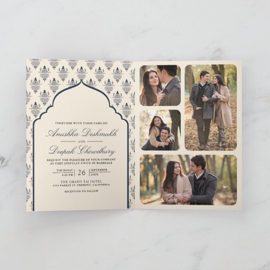 Cream Navy Blue Ikat auf einer indischen Hochzeit Einladung (Innenseite)