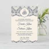 Cream Navy Blue Lace Islamische Hochzeit Einladung (Stehend Vorderseite)