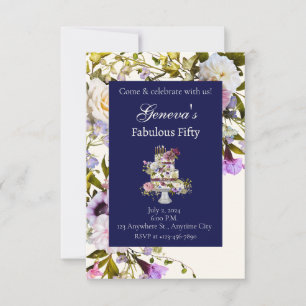 Cream & Navy Blumenkuchen-Geburtstagseinladung Einladung