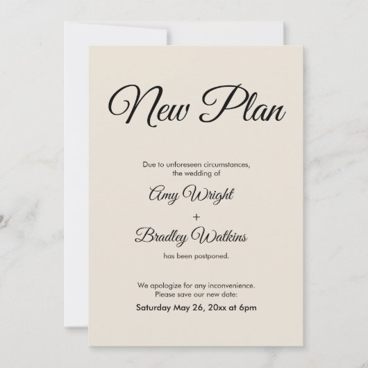 Cream New Plan verzögert Hochzeitsankündigung Einladung (Vorderseite)