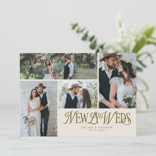 Cream Newlyweds Multi Foto Wedding Ankündigung (Stehend Vorderseite)