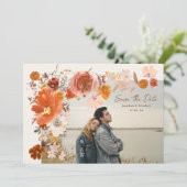 Cream Orange Floral Frame Bouquet Wedding Foto Save The Date (Stehend Vorderseite)