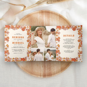 Cream Orange Groovy Retro Wildblume Wedding Dreifach Gefaltete Einladung