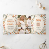 Cream Orange Groovy Wildblume All in One Wedding Dreifach Gefaltete Einladung (Innenseite)