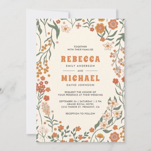 Cream Orange Groovy Wildblume All in One Wedding Einladung (Vorderseite)