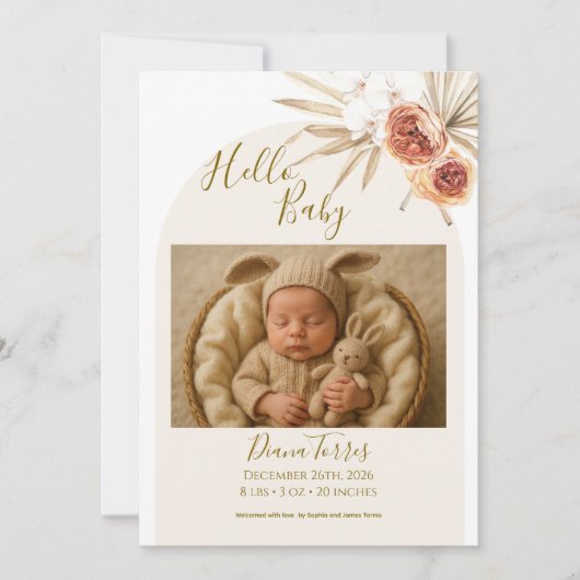 Cream Pastel Getrocknete Blume Hallo Baby Ankündigung (Vorderseite)