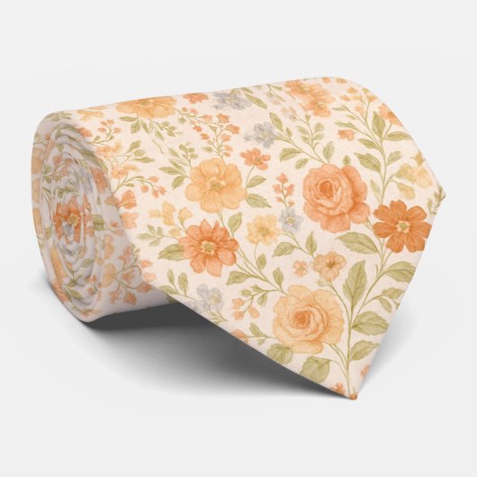 Cream & Peach Floral Pattern Krawatte (Gerollt)