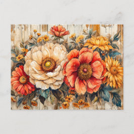 Cream Peony and Orange Zinnia on Wood Postkarte