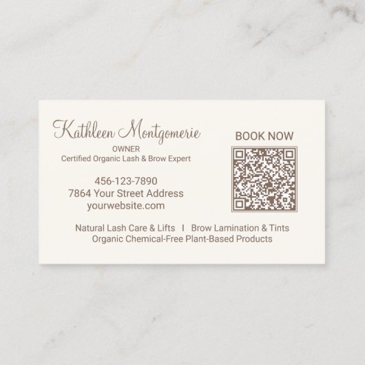 Cream Photo Script QR Code Lashes and Brows Visitenkarte (Rückseite)