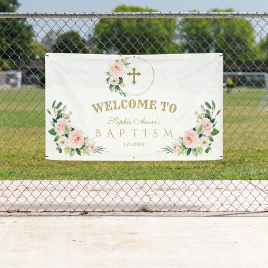 Cream Pink Blume Gold Taufe Begrüßungszeichen Banner (Insitu)