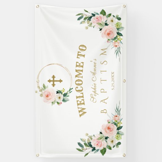 Cream Pink Blume Gold Taufe Begrüßungszeichen Banner (Vertikal)
