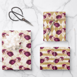 Cream Pink Burgundy Floral Geschenkpapier Set