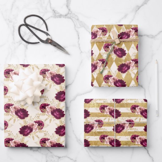Cream Pink Burgundy Floral Geschenkpapier Set (Vorderseite)