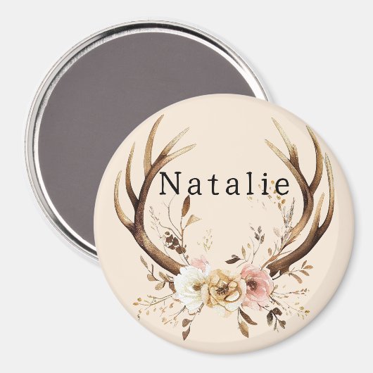 Cream Pink Floral Deer Antlers Personalisiert Magnet (Vorderseite/Rückseite)