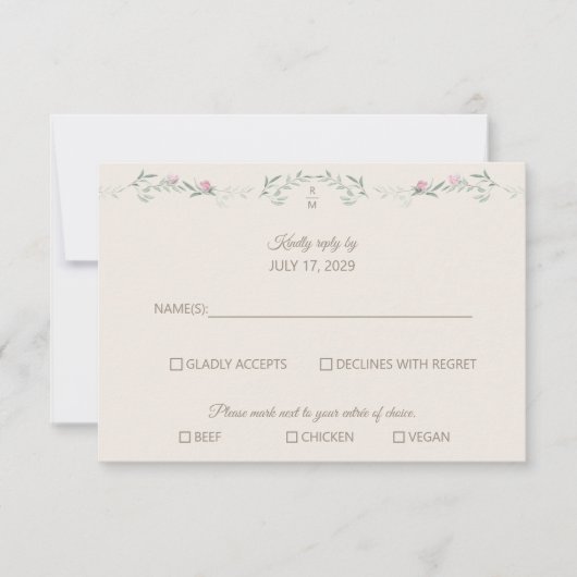 Cream Pink Foliage Monogram RSVP Response Card Karte (Vorderseite)
