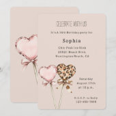 Cream Pink Leopard Hearts Birthday Einladung (Vorne/Hinten)