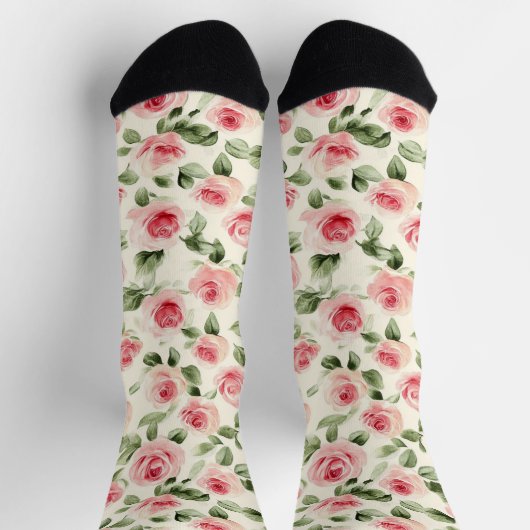 Cream Pink Roses Floral Socken (Oben)