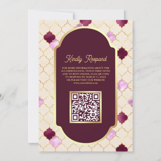 Cream Plum Quatrefoil QR Code Muslime Hochzeit Einladung (Rückseite)