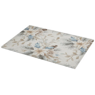 Cream Poinsettia Blue Floral Christmas Schneidebrett