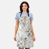 Cream Poinsettia Blue Floral Christmas Schürze (Getragen)