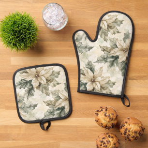 Cream Poinsettia Blume Ofenhandschuh & Topflappen-Set
