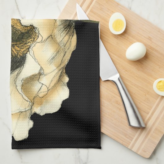 Cream Poppy Blume im schwarzen Hintergrund Geschirrtuch (Viertel Falte)