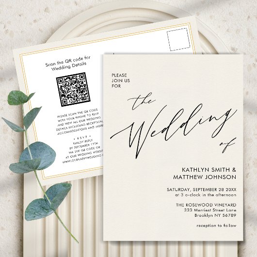 Cream QR-Code in einer Minimalistischen Hochzeit Einladungspostkarte