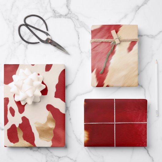Cream Red Gold Western Cowhide Geschenkpapier Set (Vorderseite)