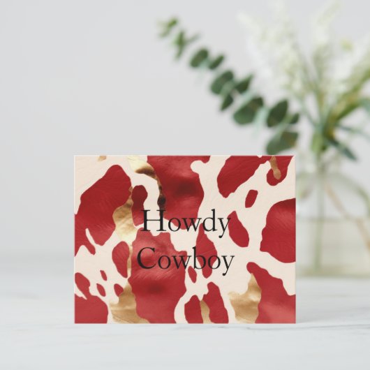 Cream Red Gold Western Cowhide Howdy Postkarte (Stehend Vorderseite)