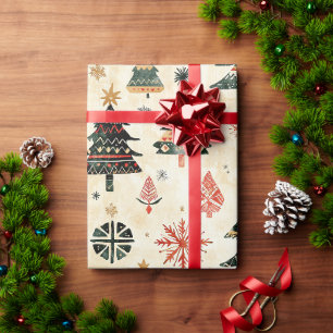 Cream Red Green Western Weihnachtsbaumen Geschenkpapier