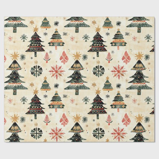 Cream Red Green Western Weihnachtsbaumen Geschenkpapier (Flach)