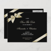 Cream Ribbon Wedding Save the Date 4 Ankündigungspostkarte (Vorne/Hinten)