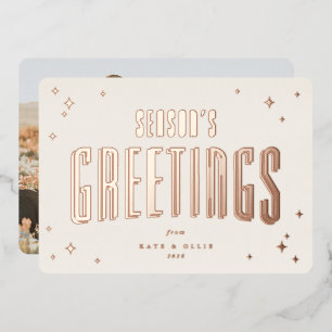 Cream+Rose Gold Season's Greetings and Stars Foto Folien Feiertagskarte