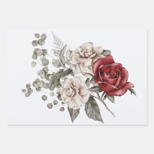 Cream & Rote Rose Boho Blume Bouquet Geschenkpapier Set (Vorderseite)